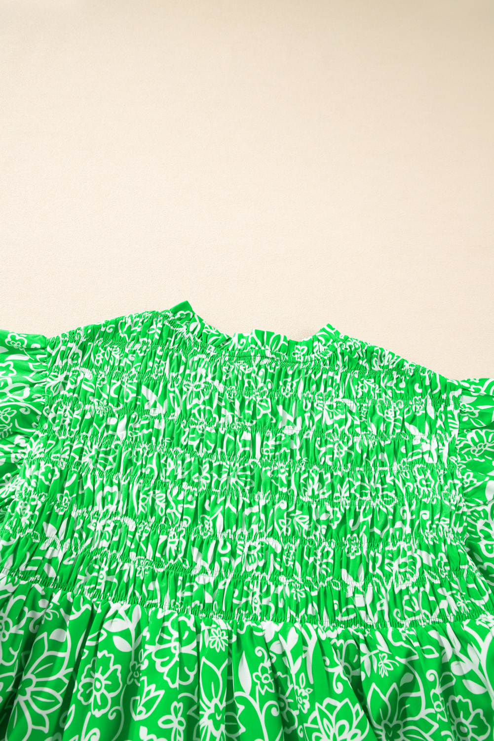 Plus Size Green Floral Flutter Sleeve Shirred Notched Neck  Blouse