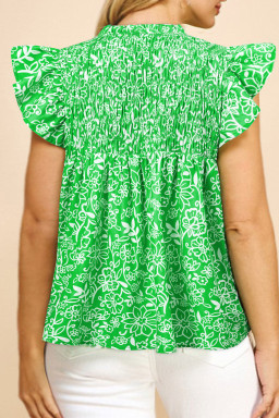 Plus Green Floral Flutter Sleeve Shirred Notched Neck  Blouse