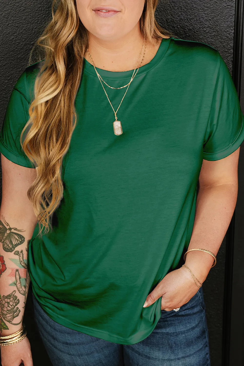 Plus Size Dark Green Round Neck Rolled Sleeve T-shirt