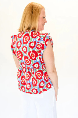 Plus Red  Floral Print Ruffle Trim Split Neck Peplum Top