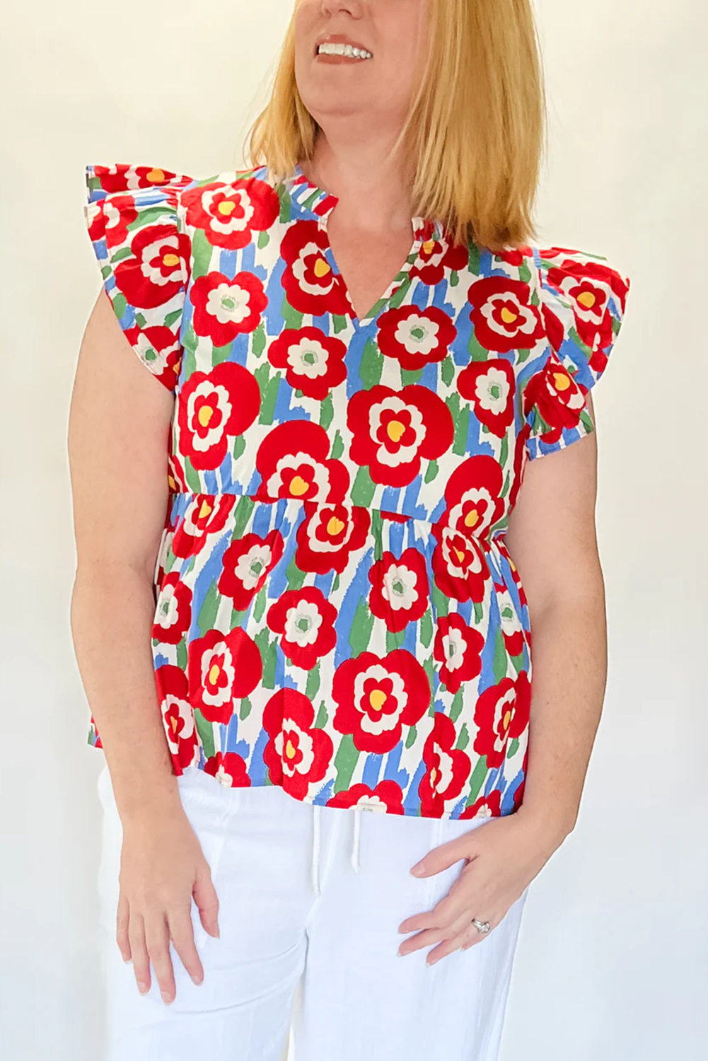 Plus Size Red  Floral Print Ruffle Trim Split Neck Peplum Top