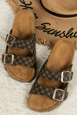 Coffee Geometric Print Cut Out Buckle PU Leather Flat Slippers