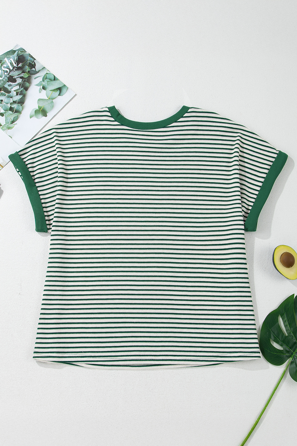 Plus Size Green Stripe Trimmed Round Neck  Boxy Fit T-shirt