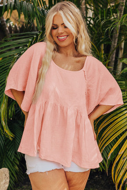 Plus Size Apricot Pink  Textured Wide Short Sleeve Babydoll Blouse