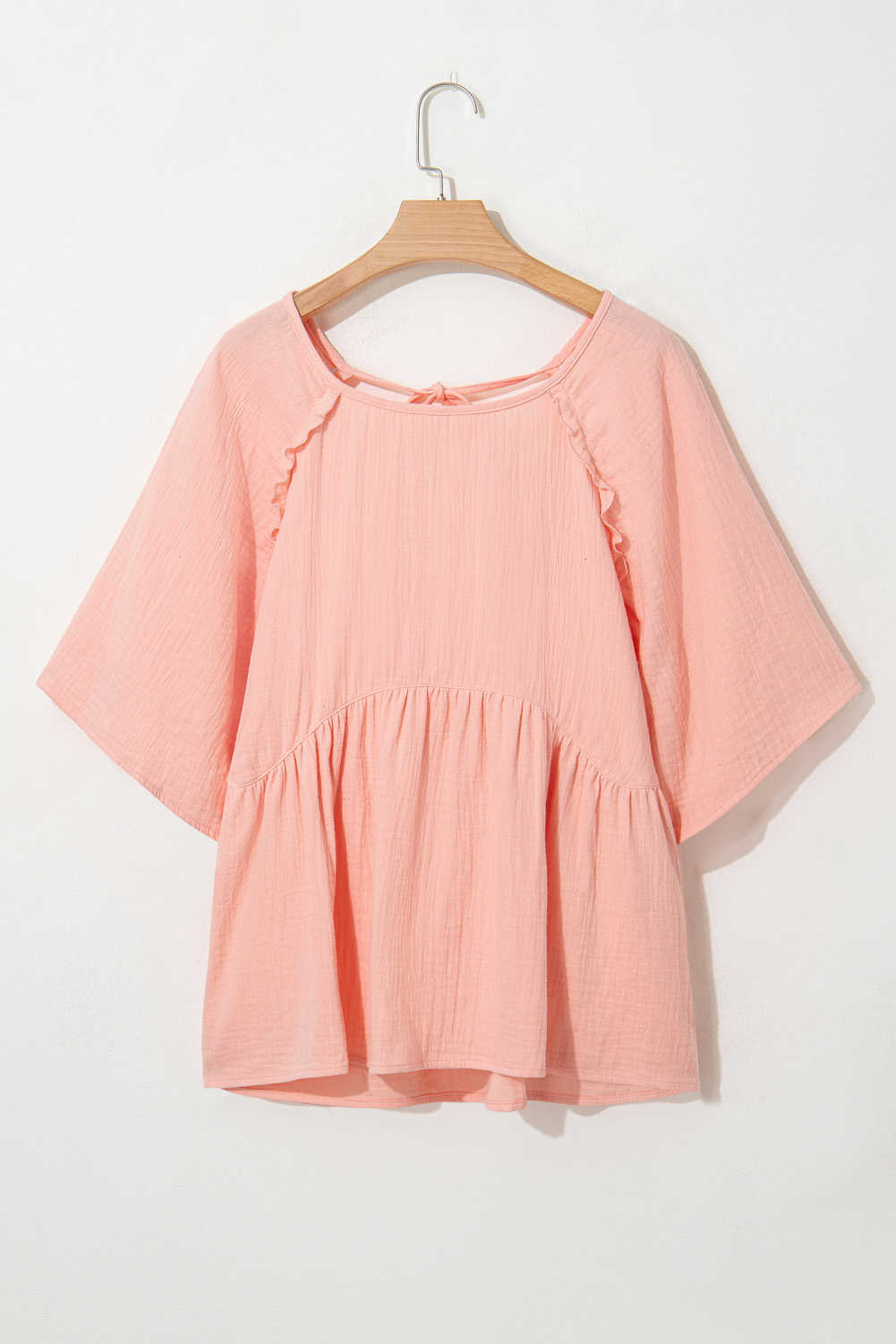 Plus Size Apricot Pink  Textured Wide Short Sleeve Babydoll Blouse