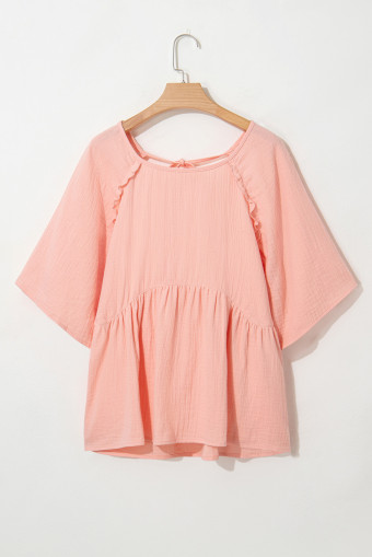 Plus Size Apricot Pink  Textured Wide Short Sleeve Babydoll Blouse
