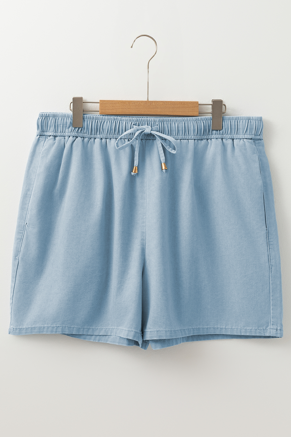 Plus Size Beau Blue Washed Chambray Drawstring Elastic Waist  Shorts