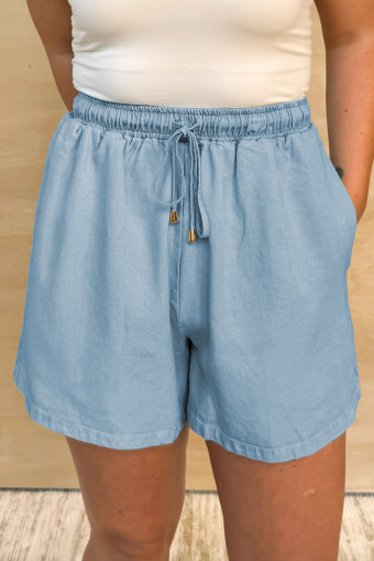 Plus Size Beau Blue Washed Chambray Drawstring Elastic Waist  Shorts