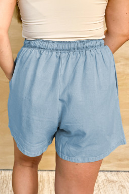 Plus Beau Blue Washed Chambray Drawstring Elastic Waist  Shorts