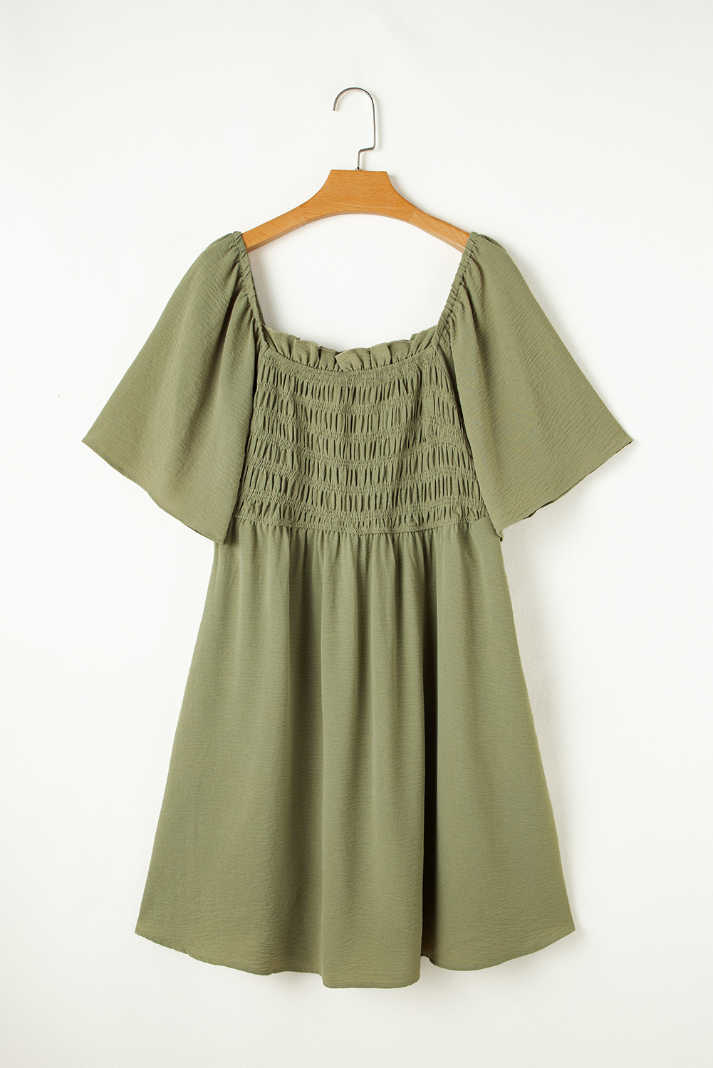 Plus Size Grass Green Frilly Square Neck Flutter Sleeve Smocked High Waist  Dress