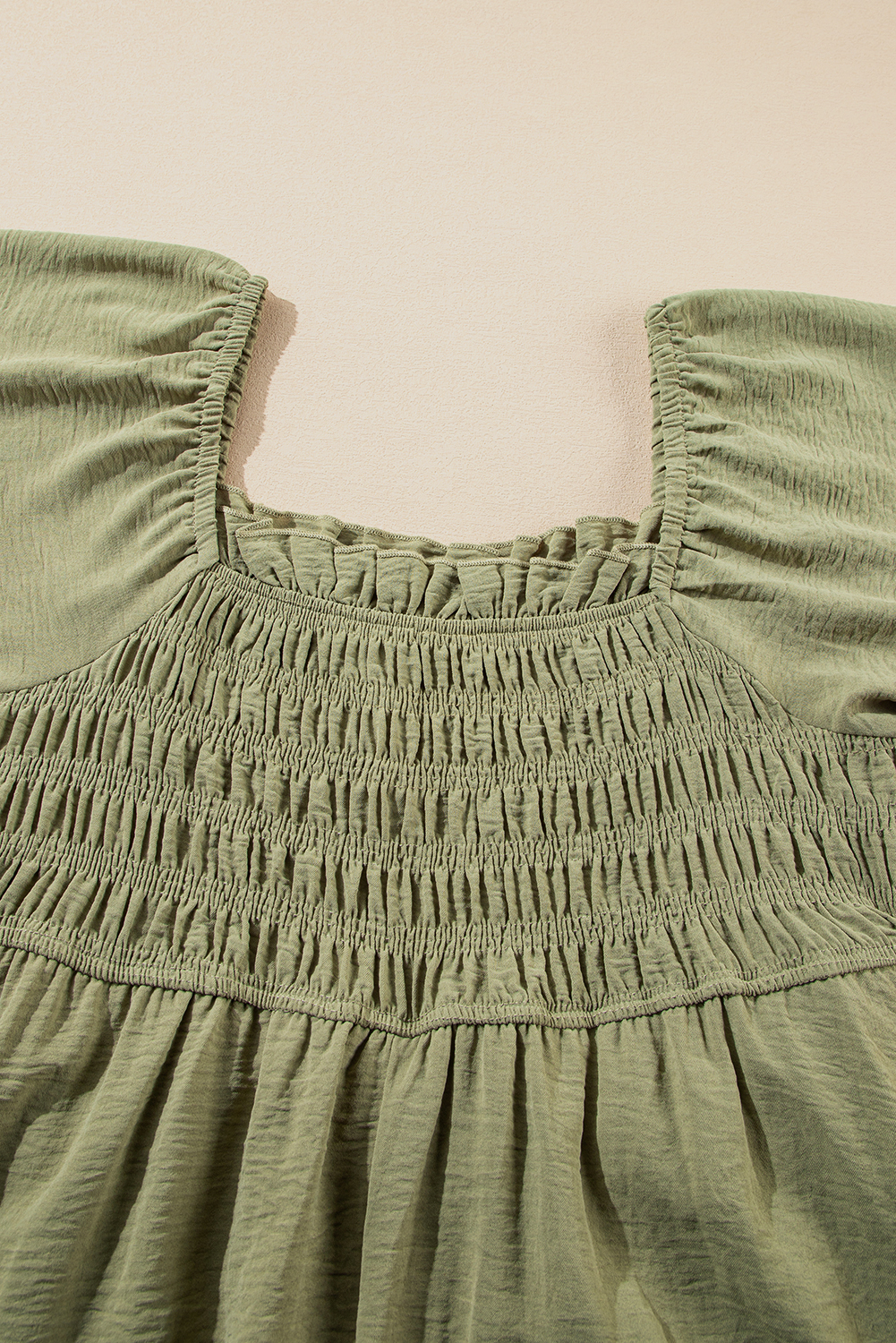 Plus Size Grass Green Frilly Square Neck Flutter Sleeve Smocked High Waist  Dress