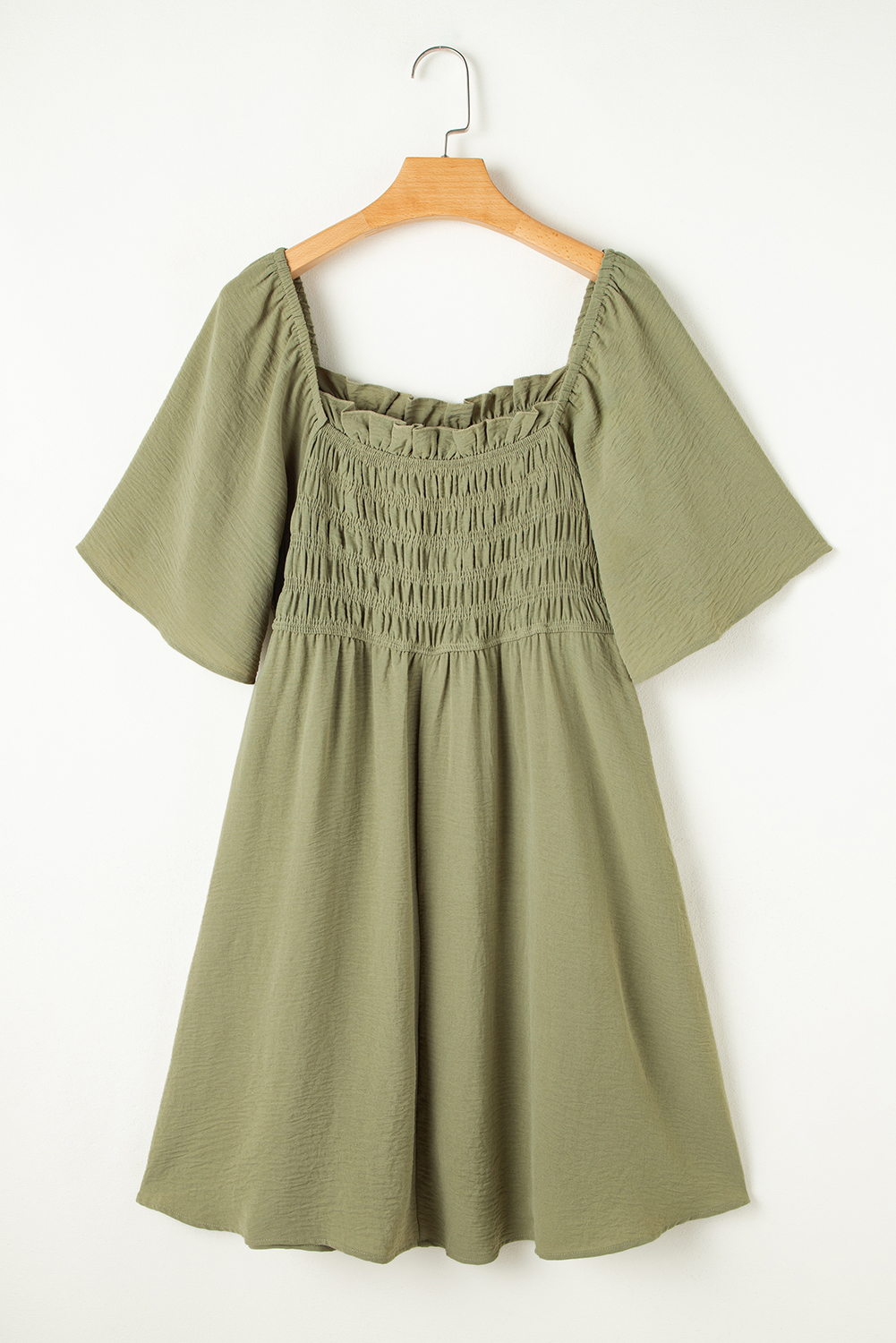 Plus Size Grass Green Frilly Square Neck Flutter Sleeve Smocked High Waist  Dress