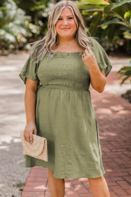 Plus Size Grass Green Frilly Square Neck Flutter Sleeve Smocked High Waist  Dress
