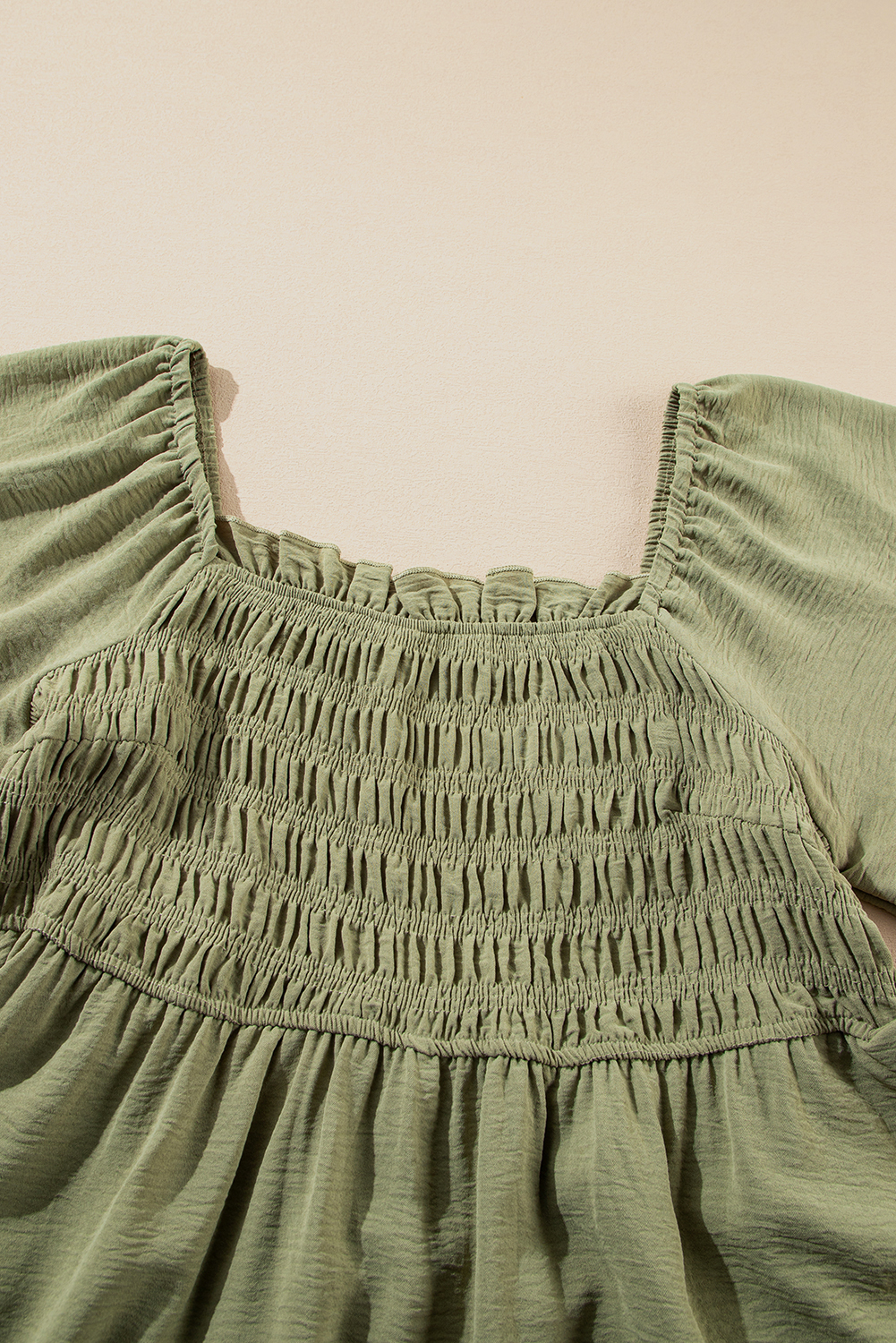 Plus Size Grass Green Frilly Square Neck Flutter Sleeve Smocked High Waist  Dress