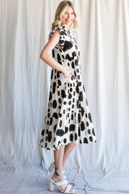 Plus Size White Polka Dot Print Ruffled Sleeve Pocketed  Midi Dress