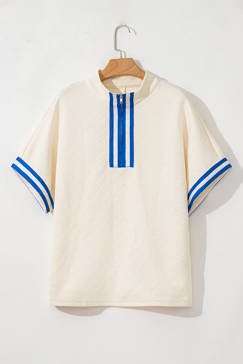 Plus Size White Varsity Half Zip Textured  Top