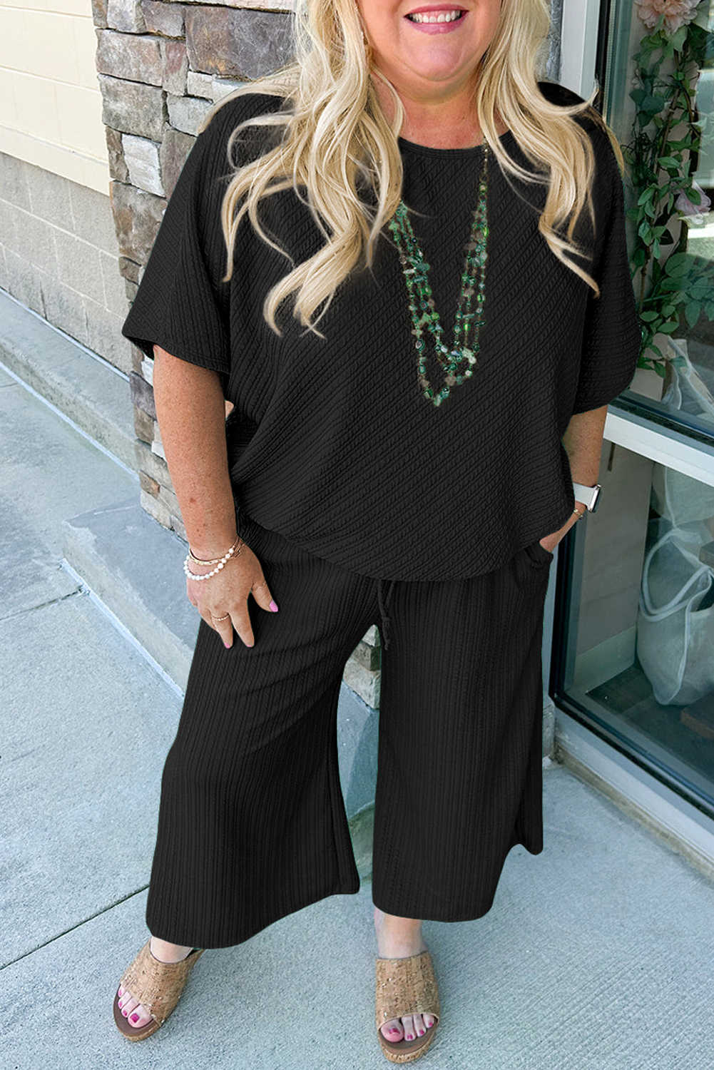 Plus Size Black Textured Batwing Sleeve Tee Wide Leg Pants  Set