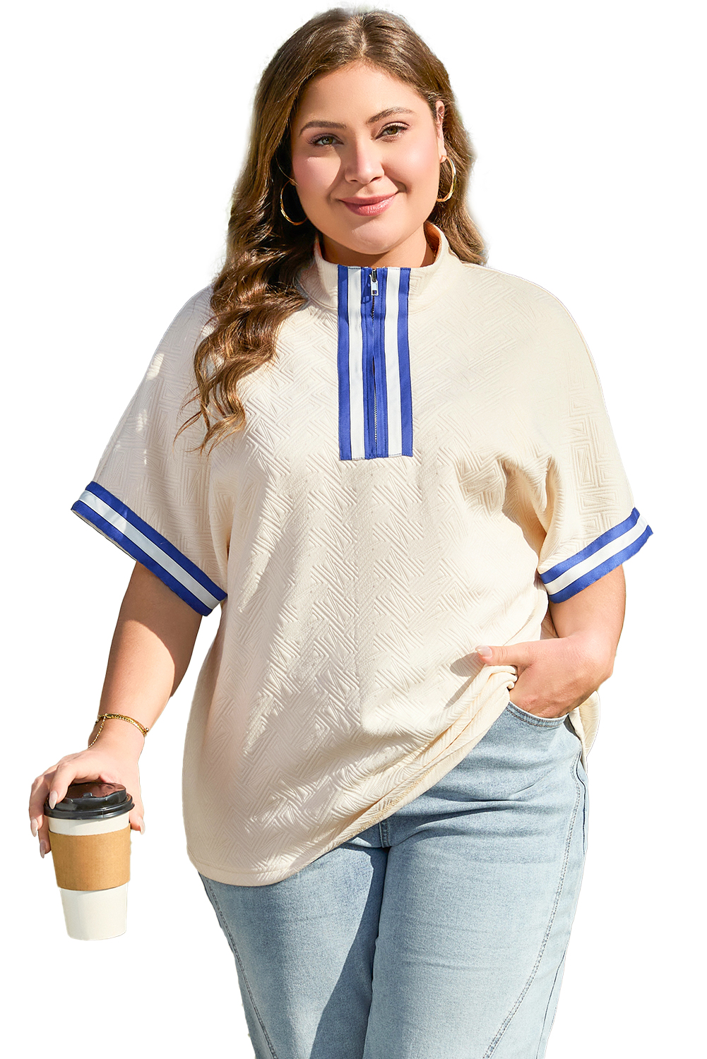 Plus Size White Varsity Half Zip Textured  Top