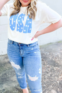 Plus Size Sky Blue USA Graphic Crewneck  Patriotic Tee