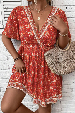 Plus Size Orange  Printed Surplice Neck Empire Waist Flowy Mini Dress