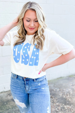 Plus Size Sky Blue USA Graphic Crewneck  Patriotic Tee