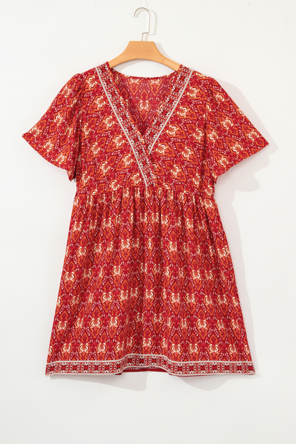 Plus Size Orange  Printed Surplice Neck Empire Waist Flowy Mini Dress