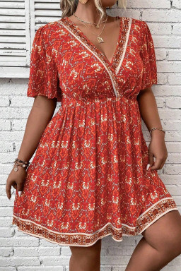 Plus Size Orange  Printed Surplice Neck Empire Waist Flowy Mini Dress