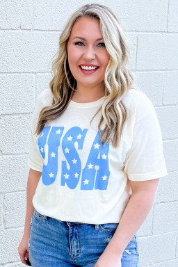 Plus Size Sky Blue USA Graphic Crewneck  Patriotic Tee