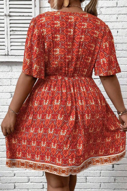 Plus Orange  Printed Surplice Neck Empire Waist Flowy Mini Dress