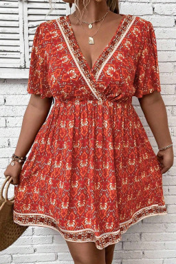 Plus Size Orange  Printed Surplice Neck Empire Waist Flowy Mini Dress