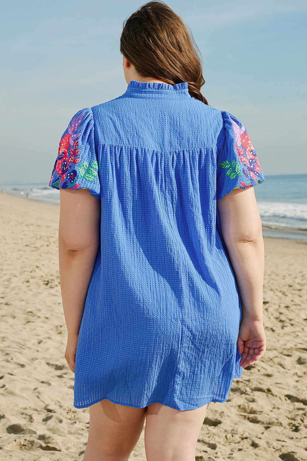 Plus Sky Blue  Floral Embroidered Puff Sleeve Gingham Mini Dress