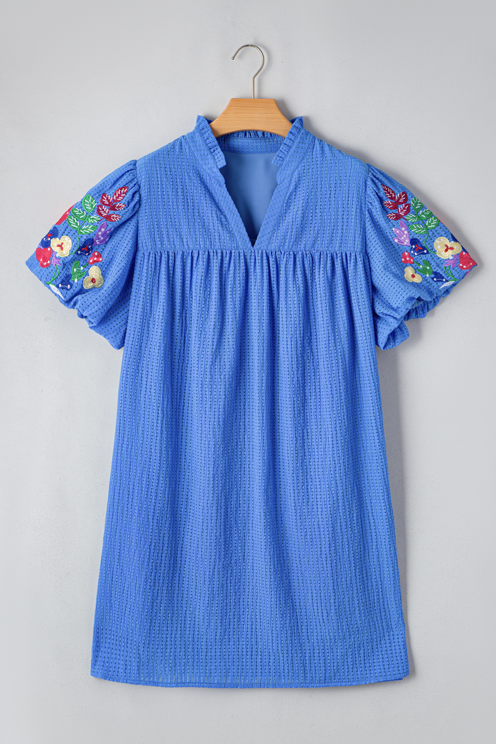 Plus Size Sky Blue  Floral Embroidered Puff Sleeve Gingham Mini Dress