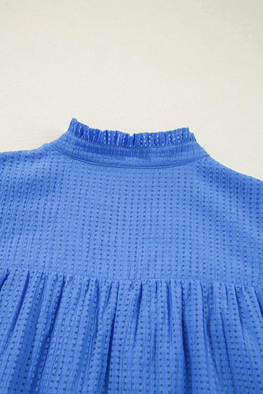 Plus Size Sky Blue  Floral Embroidered Puff Sleeve Gingham Mini Dress