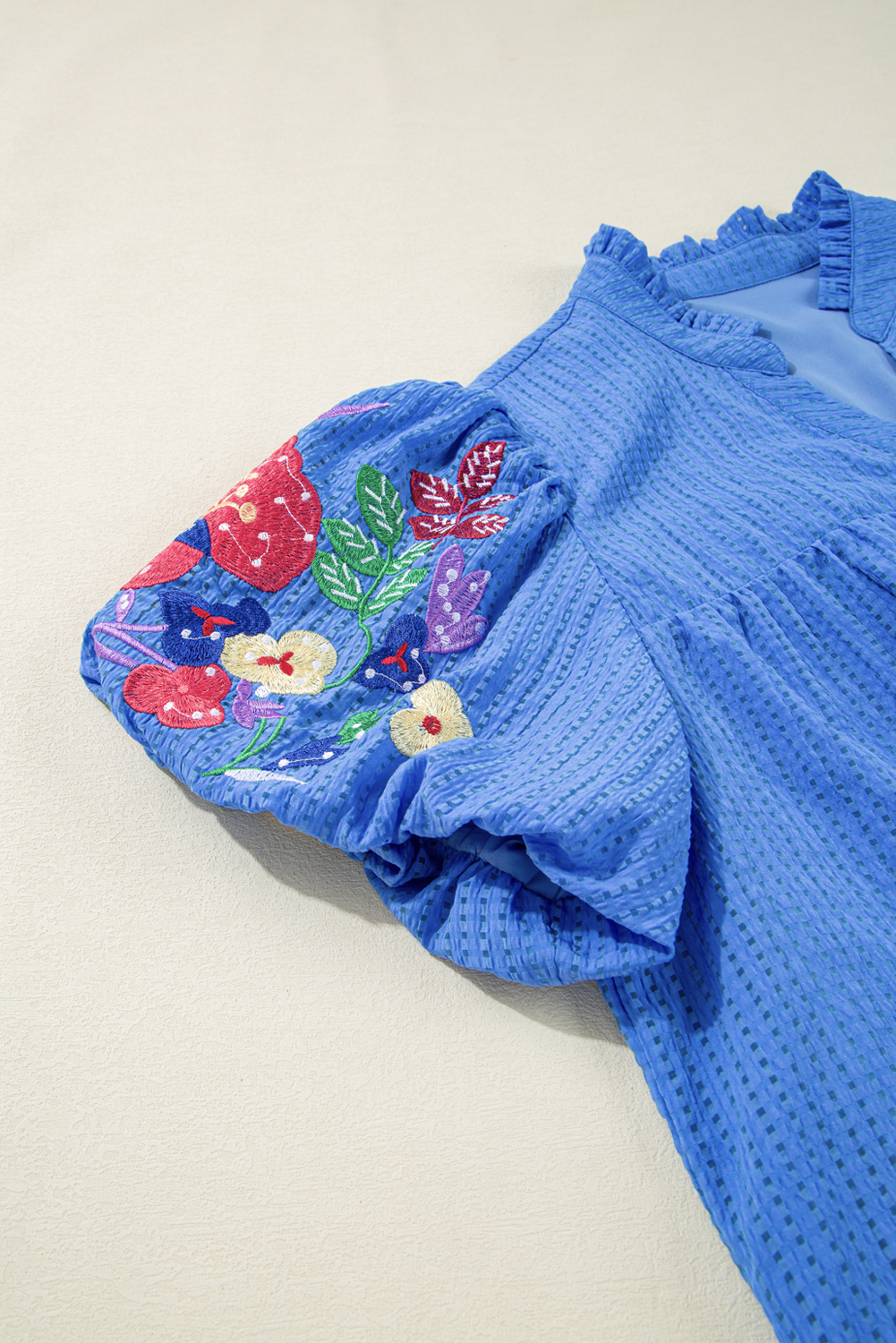 Plus Size Sky Blue  Floral Embroidered Puff Sleeve Gingham Mini Dress