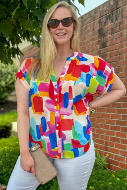 Plus Size Colorful Brush Stroke Printed  Button Split Neck Blouse