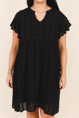 Oversized Black Dotty Textured Notched Neck Ruffled Dress