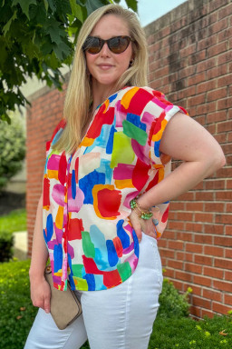 Oversized Colorful Brush Stroke Printed  Button Split Neck Blouse