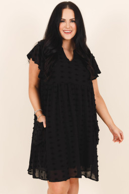 Black Dotty Textured Notched Neck Plus Ruffled Dress