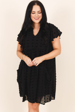 Black Dotty Textured Notched Neck Plus Ruffled Dress