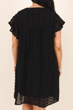 Plus size Black Dotty Textured Notched Neck Ruffled Dress