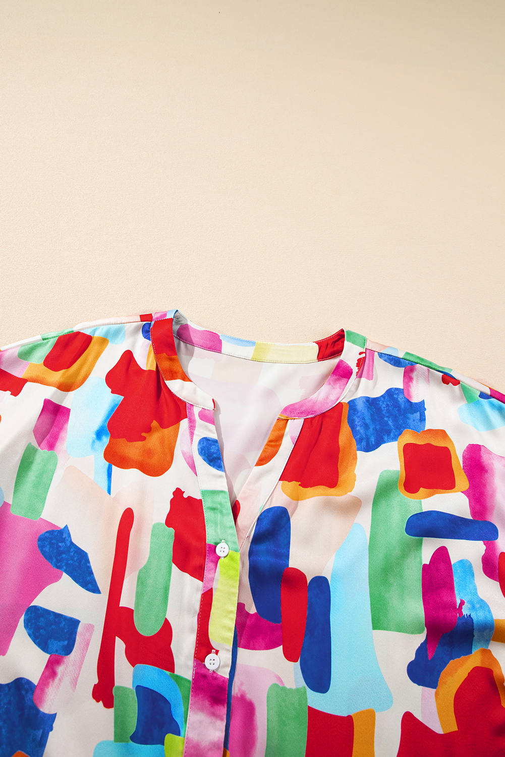 Plus Size Colorful Brush Stroke Printed  Button Split Neck Blouse