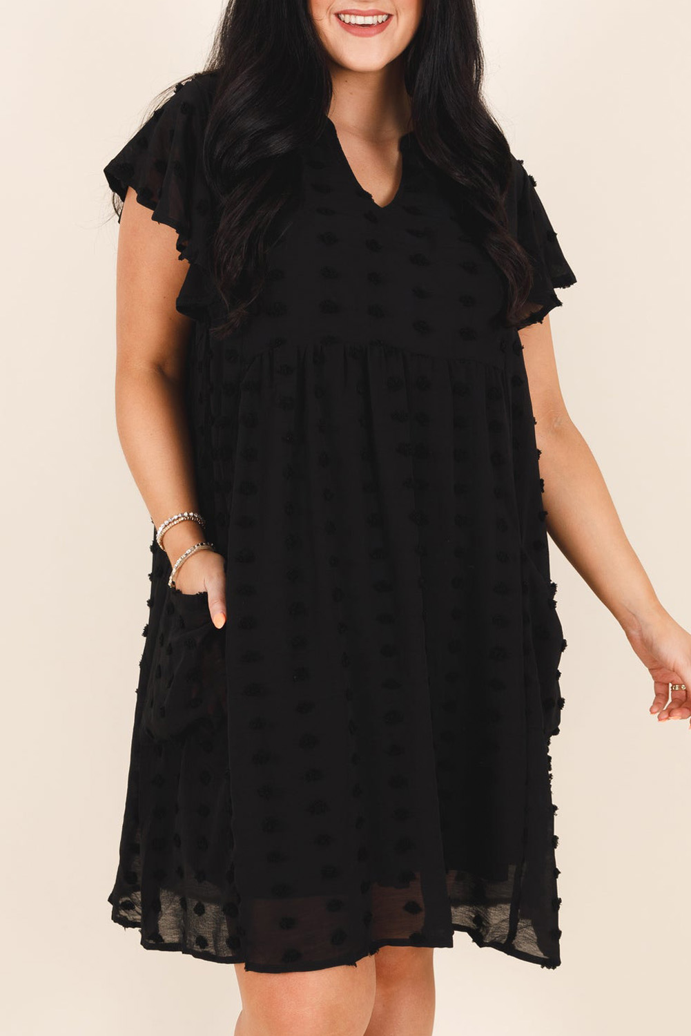 Plus Black Dotty Textured Notched Neck Ruffled Dress