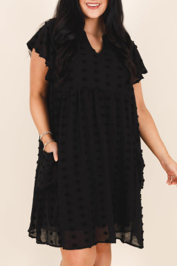 Plus Black Dotty Textured Notched Neck Ruffled Dress