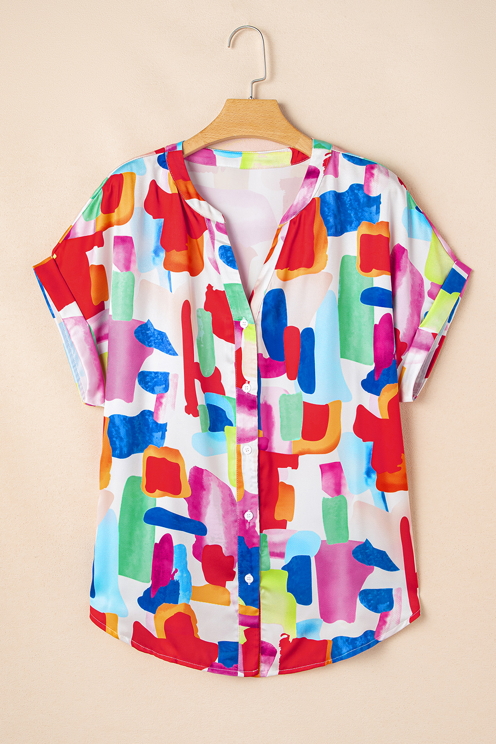 Plus Size Colorful Brush Stroke Printed  Button Split Neck Blouse