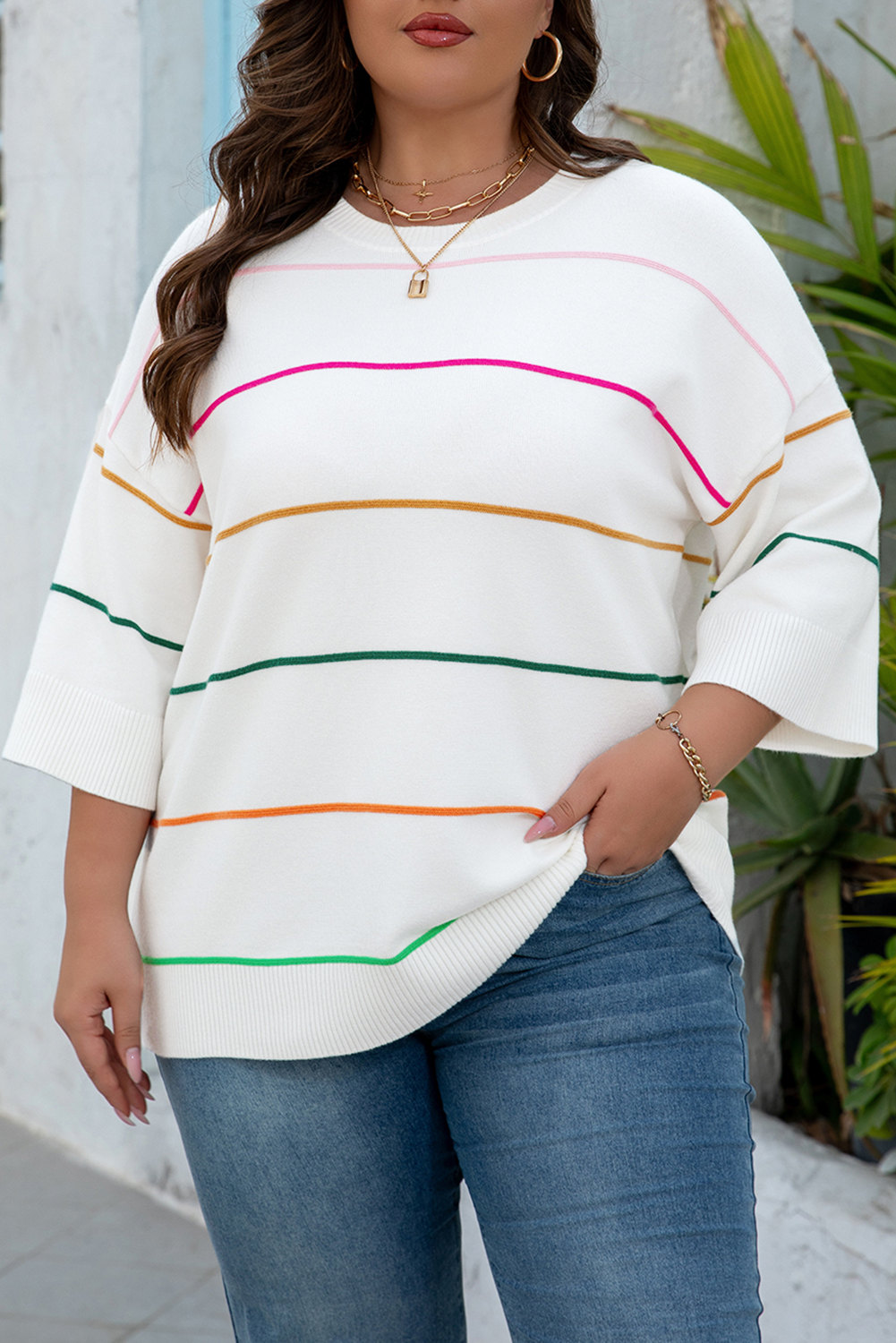 White Colorblock Striped Half Sleeve Drop Shoulder Sweater