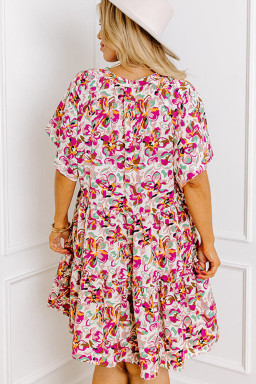 Plus Size White Abstract Print V Neck Short Sleeve Ruffled  Mini Dress