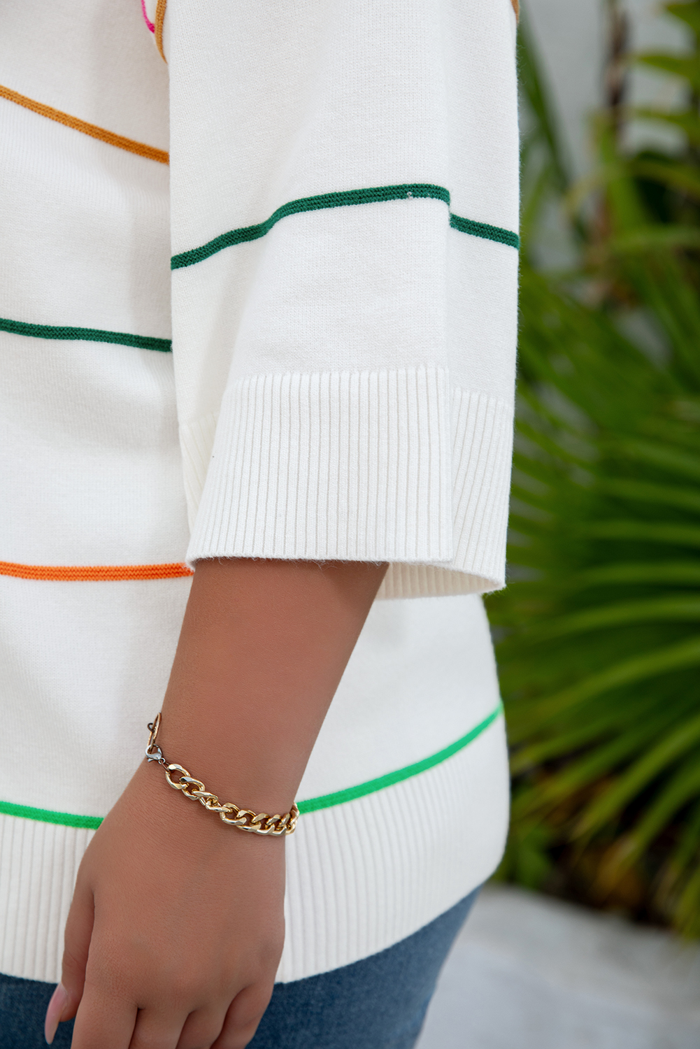 White Colorblock Striped Half Sleeve Drop Shoulder Sweater