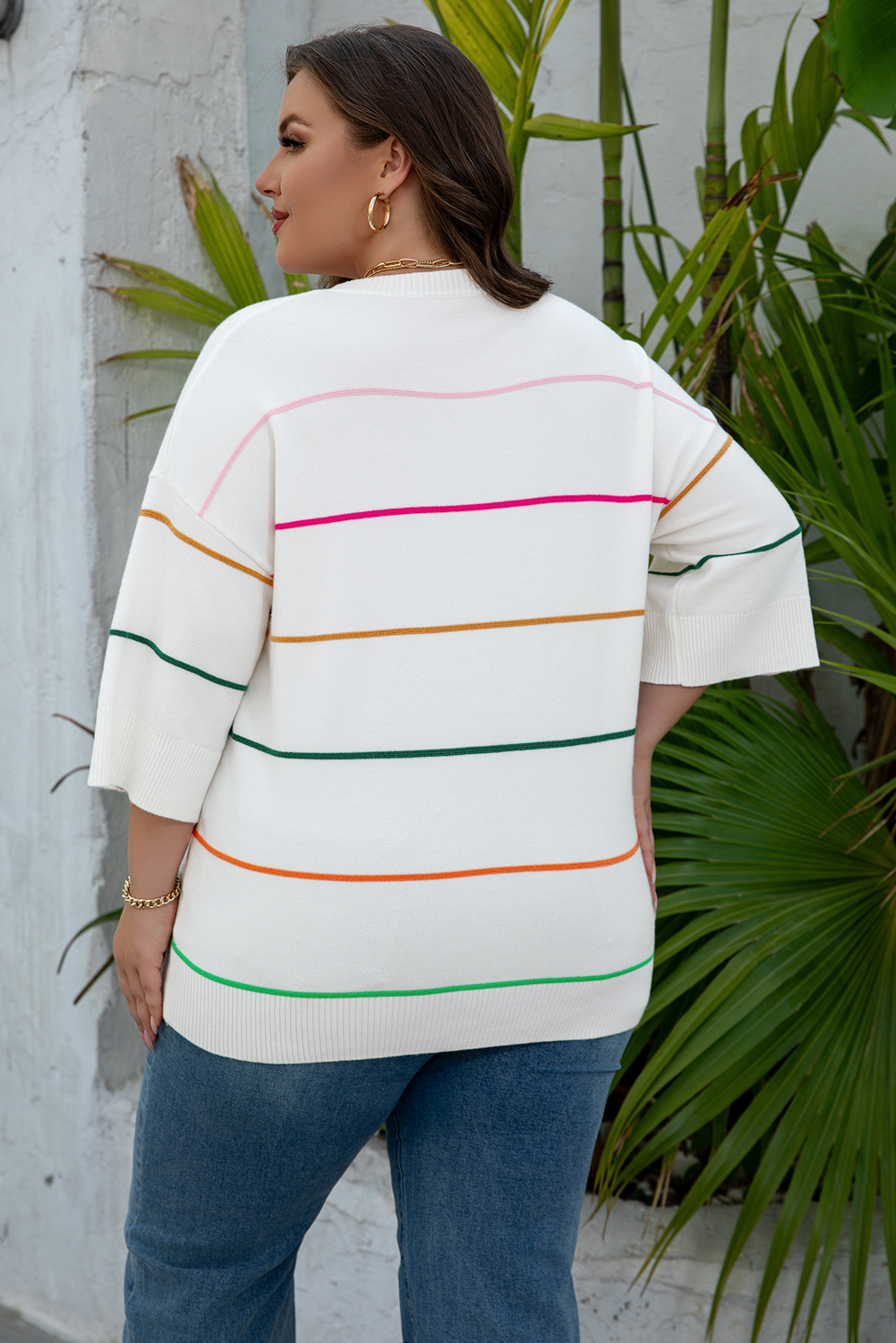 White Colorblock Striped Half Sleeve Drop Shoulder Sweater