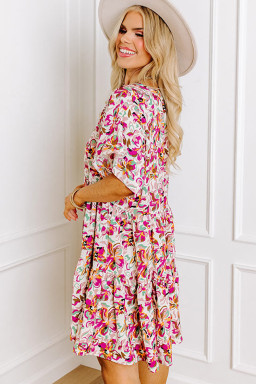 Plus Size White Abstract Print V Neck Short Sleeve Ruffled  Mini Dress