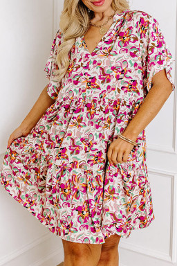 Plus Size White Abstract Print V Neck Short Sleeve Ruffled  Mini Dress